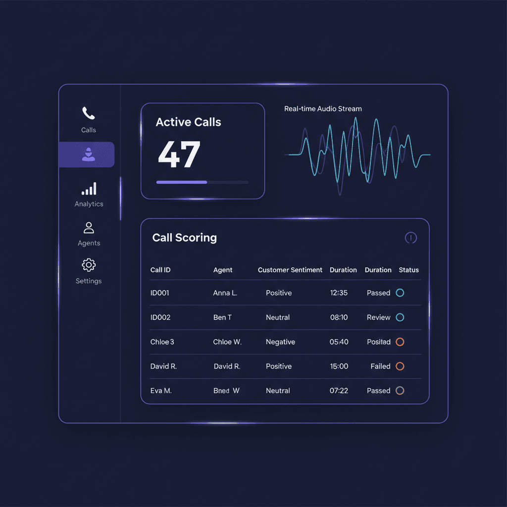 VoiceCore Dashboard — Panel de control de agentes de voz con IA mostrando llamadas activas, scoring y métricas